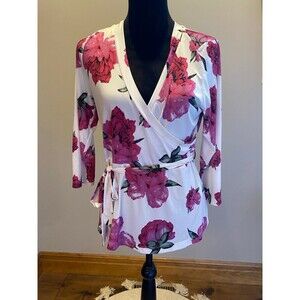 Venus Womans Blouse Sz Large Faux Wrap Floral Pink Fuchsia Stretch Belted Top